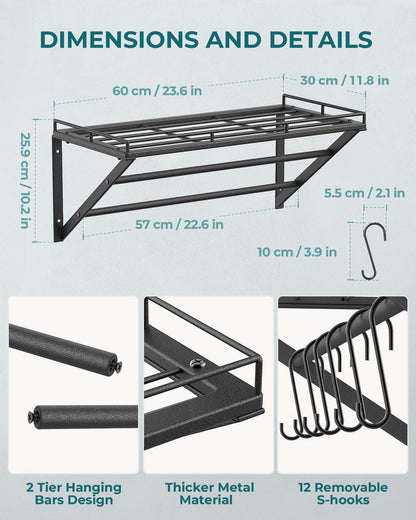 OROPY Pot Rack, 3-Tier Iron Kitchen Shelf Wall Mounted, Pan Holder with 12 Hooks, 60 * 29.5 * 24.5cm, Kitchen Utensil Holder, Kitchen Wall Shelf for Pots and Pans