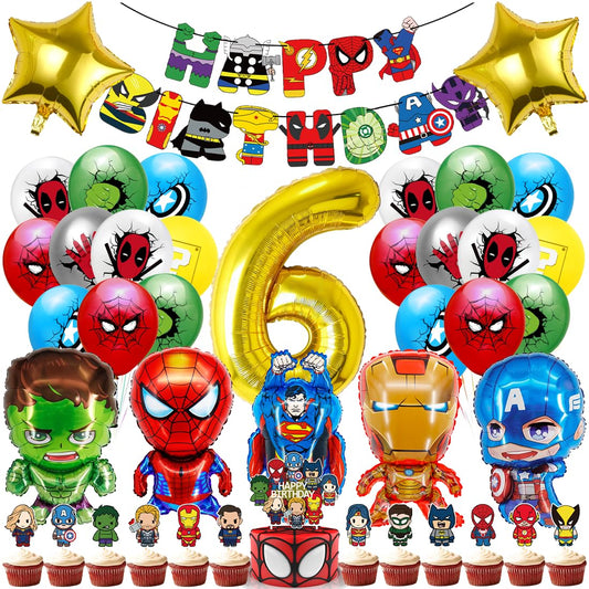 Superhero birthday decor for 6 years, children's birthday decor, heroes balloon birthday decor for boys, birthday decor cake topper for themed party.