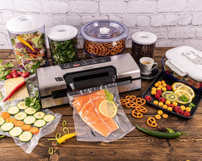 ROMMELSBACHER vacuum sealer VAC 385, 12 liters/minute, one-hand operation, roll storage, strong sealing seam, hose connection for containers, automatic & manual vacuuming and sealing, stainless steel