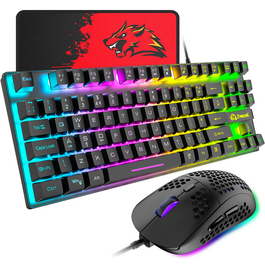 Gaming keyboard and mouse, 88-key USB keyboard with rainbow backlit + programmable ultralight gaming mouse with 6400 DPI for computer PC PS4 PS5 laptop Mac (black)