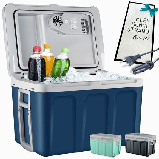 TOM 2in1 XXL cooler 40l with cooling and heating function - electric coolbox with wheels - 230V & 12V power connection - Electric - for car, camping, caravan & Co - PLUS gift (Blue)