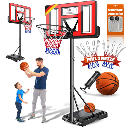KESSER® Outdoor basketball hoop with stand & wheels Incl. 2x nets, basketball & pump | Basketball system adjustable hoop height 230 to 305 cm Hoop stand for adults & kids