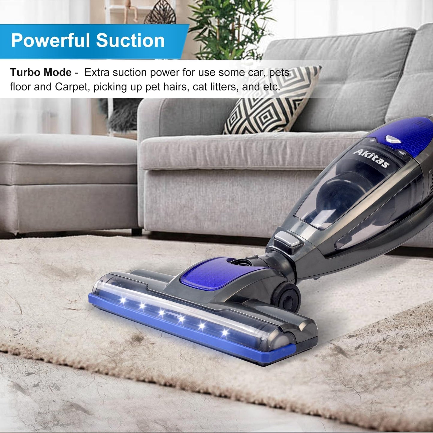 Akita's cordless 3in1 handheld and vertical vacuum cleaner 22.2V 150W rechargeable lithium battery for floors, carpets, pet hair. (AKU10)