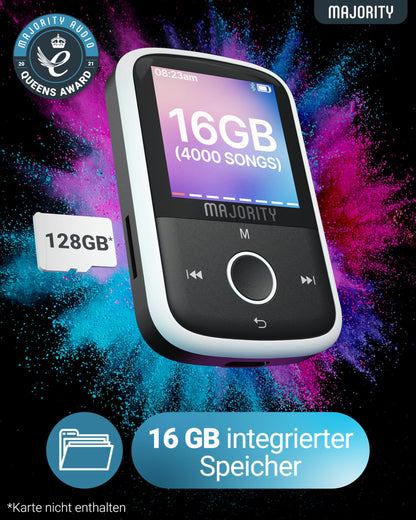 MP3 Player Bluetooth | 16GB internal storage, expandable up to 128GB | MP3 player with clip | USB-C | 34 hours battery life | Music player | MAJORITY MP3-GO