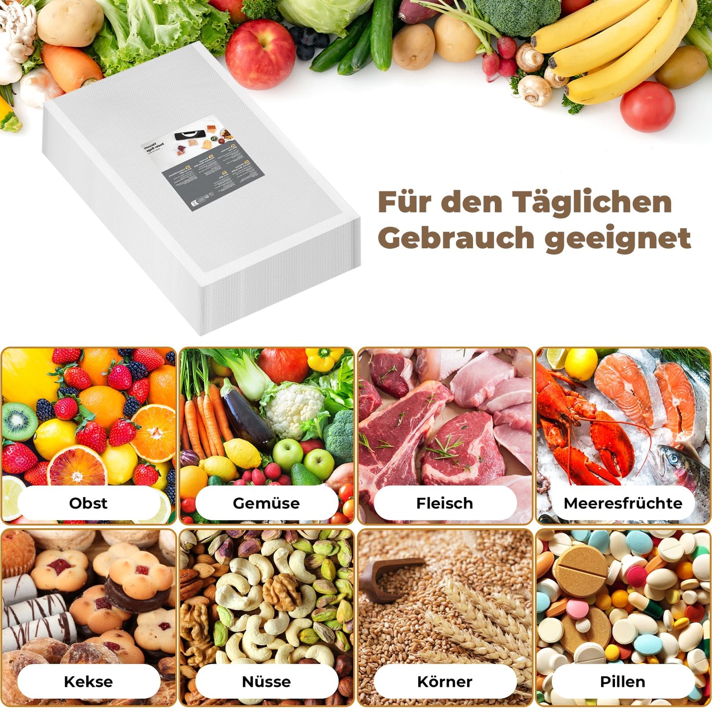 Vacuum bags 100 bags 28x40cm, professional vacuum sealing film bags for vacuum sealers & food storage & sous vide suitable, freezer bags BPA-free & tear-resistant.