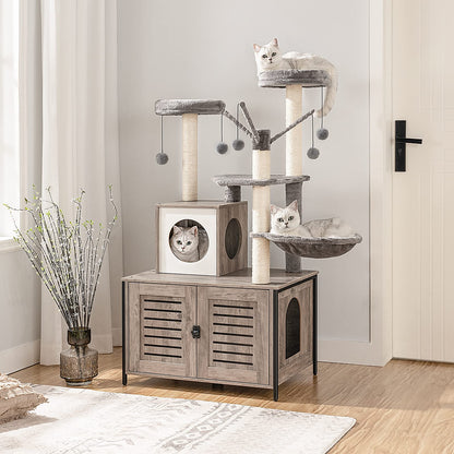 HOOBRO Cat Tree with litter box cabinet, cat tree tower, All-in-One cat furniture for indoors, hidden cat toilet furniture, 132 cm, detachable plush ball rods, Greige EBG14MZ03