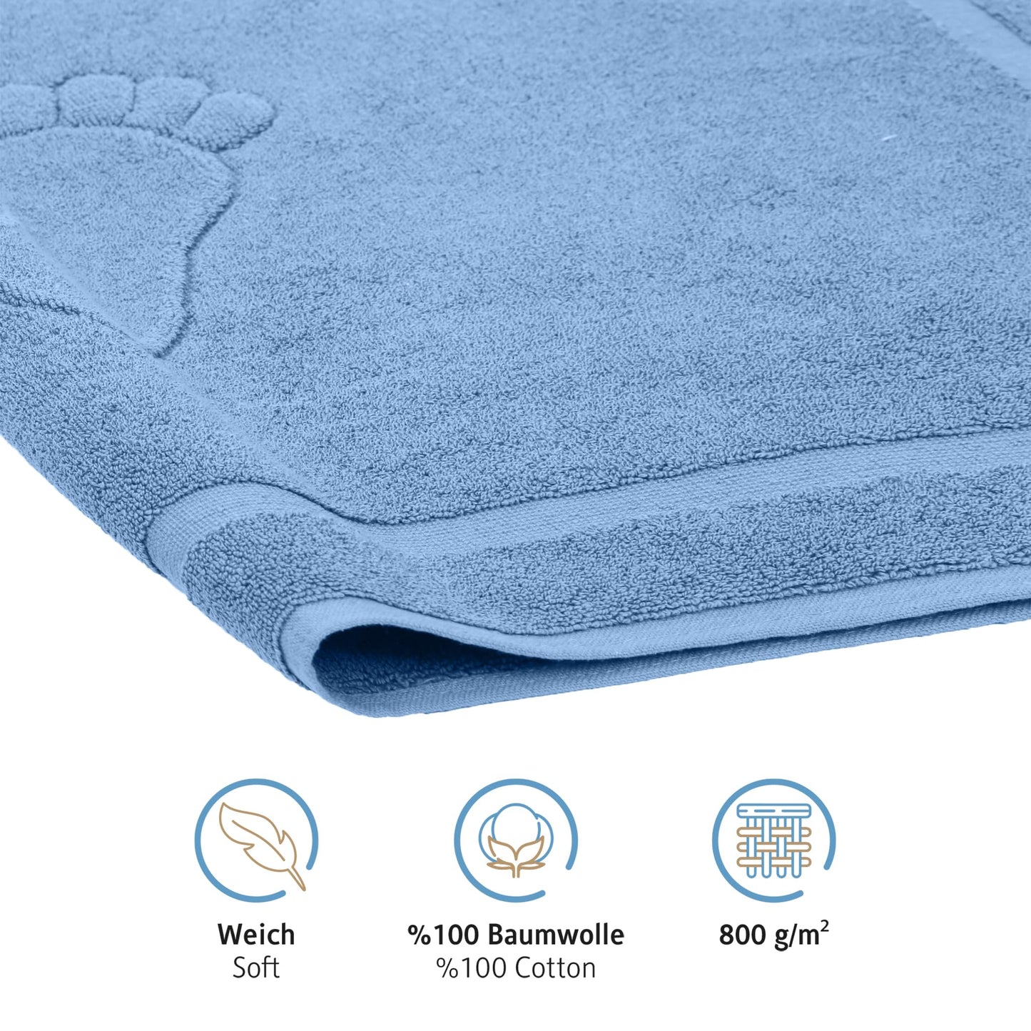 Comfortec Bath Mat Set 2 Piece, Terry Cloth Bath Mat, Washable Shower Mat & Bathroom Rug, 800 g/m² & 100% Cotton, Absorbent & Quick Drying, 50 x 80 cm, White/Light Blue