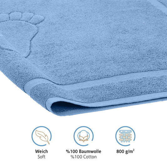 Comfortec Bath Mat Set 2 Piece, Terry Cloth Bath Mat, Washable Shower Mat & Bathroom Rug, 800 g/m² & 100% Cotton, Absorbent & Quick Drying, 50 x 80 cm, White/Light Blue