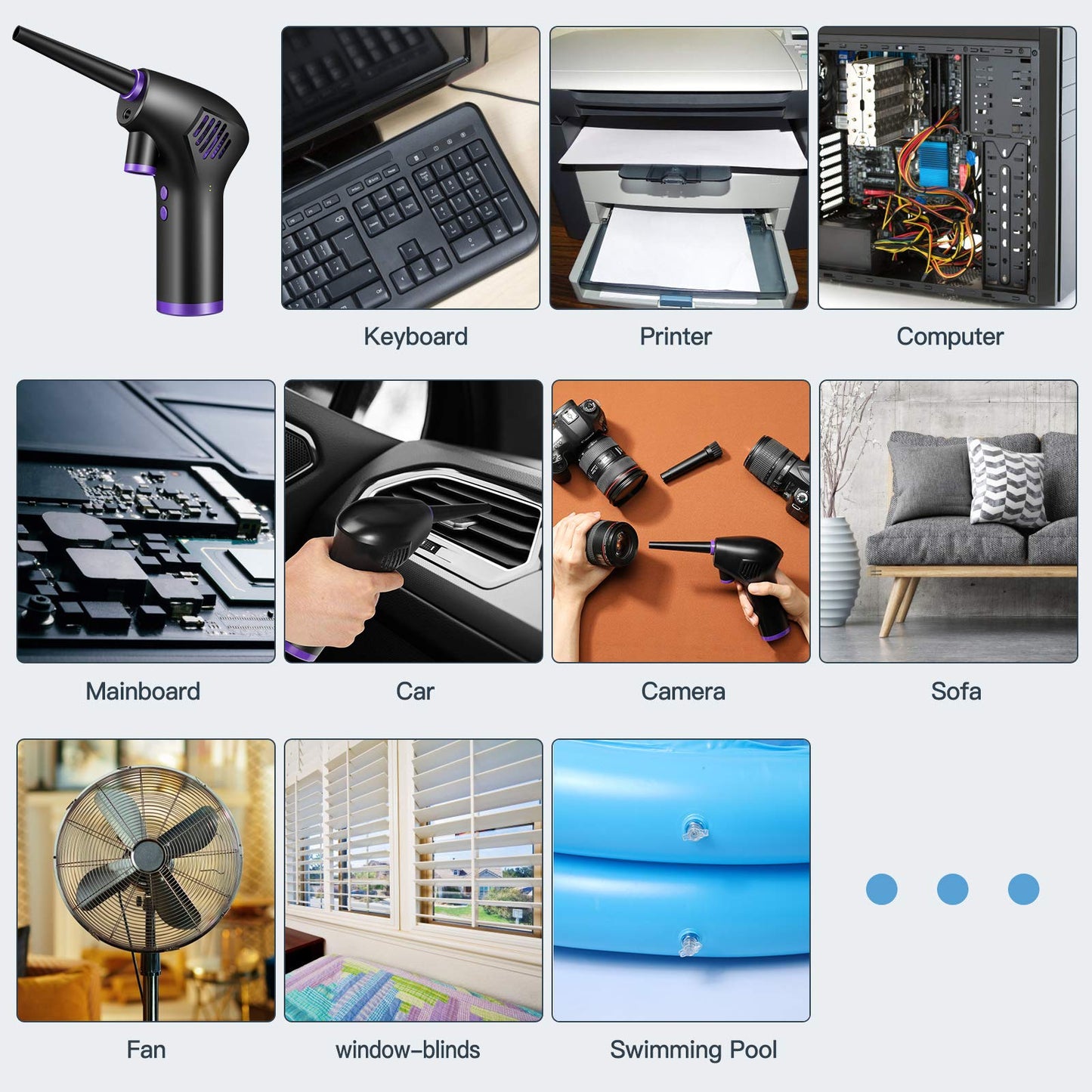 Fulluky Electric Dust Blower, Air Duster with 15000mAh Battery/LED Light for PC Cleaning, Laptop, Keyboard, Sofa, Car, Office Equipment Cleaning Set.