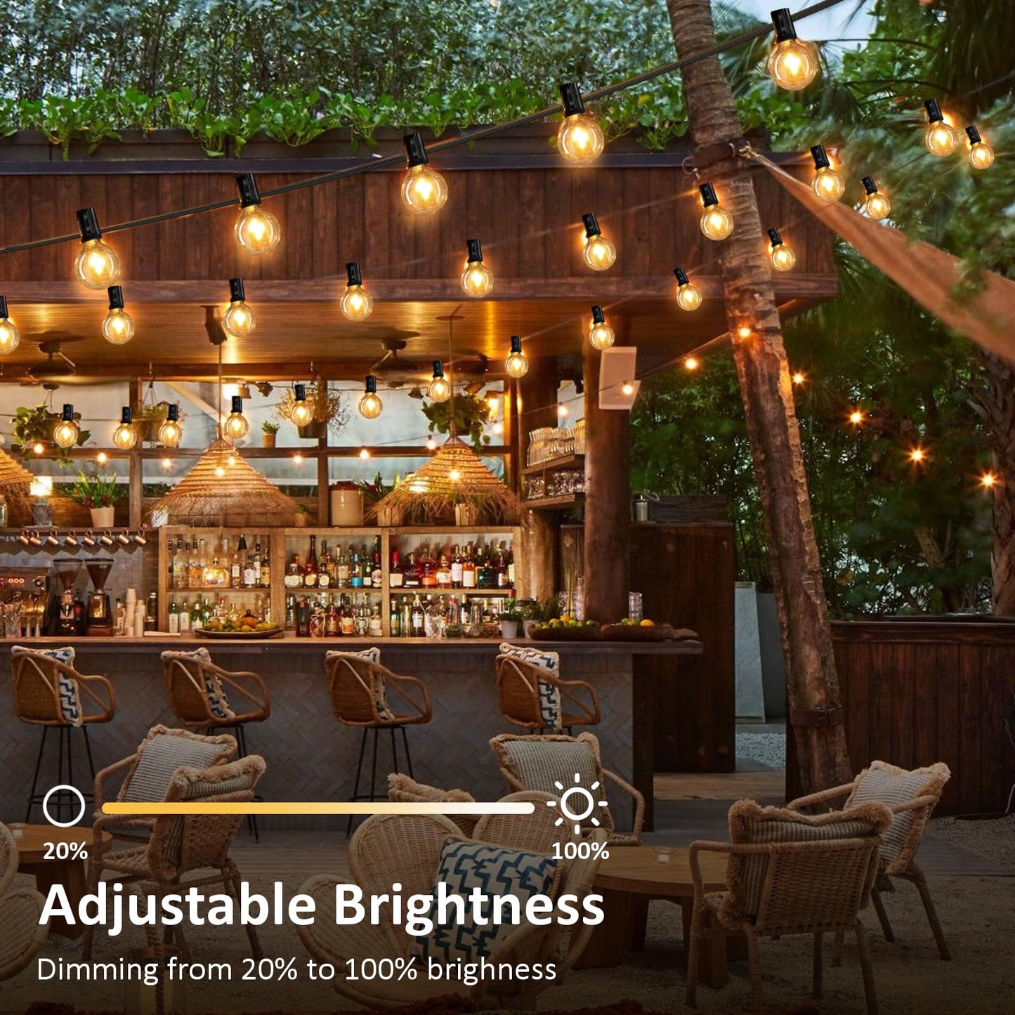 HOUHUI Outdoor String Lights 15M, RGBW with Remote Control, G40 Dimmable LED Hanging Lights Color Changing, Waterproof Christmas Lights for Weddings, Parties, 25+2 G40 Bulbs