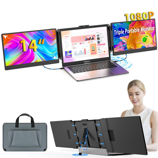 Kwumsy Portable Monitor for Laptop-14 inch FHD 1080p Dual Triple Monitor Screen Extender, Plug & Play No Driver Compatible Windows/Mac/Chrome for 13''-17.3'' Max Width 405mm Laptop/Type-C/HDMI
