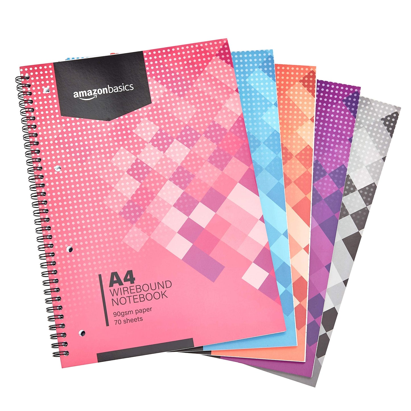 Amazon Basics Spiral Notebook, in various colors, 70 sheets/140 pages, A4, 90GSM, 5 pack, White