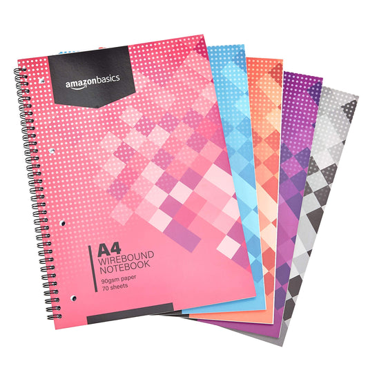 Amazon Basics Spiral Notebook, in various colors, 70 sheets/140 pages, A4, 90GSM, 5 pack, White