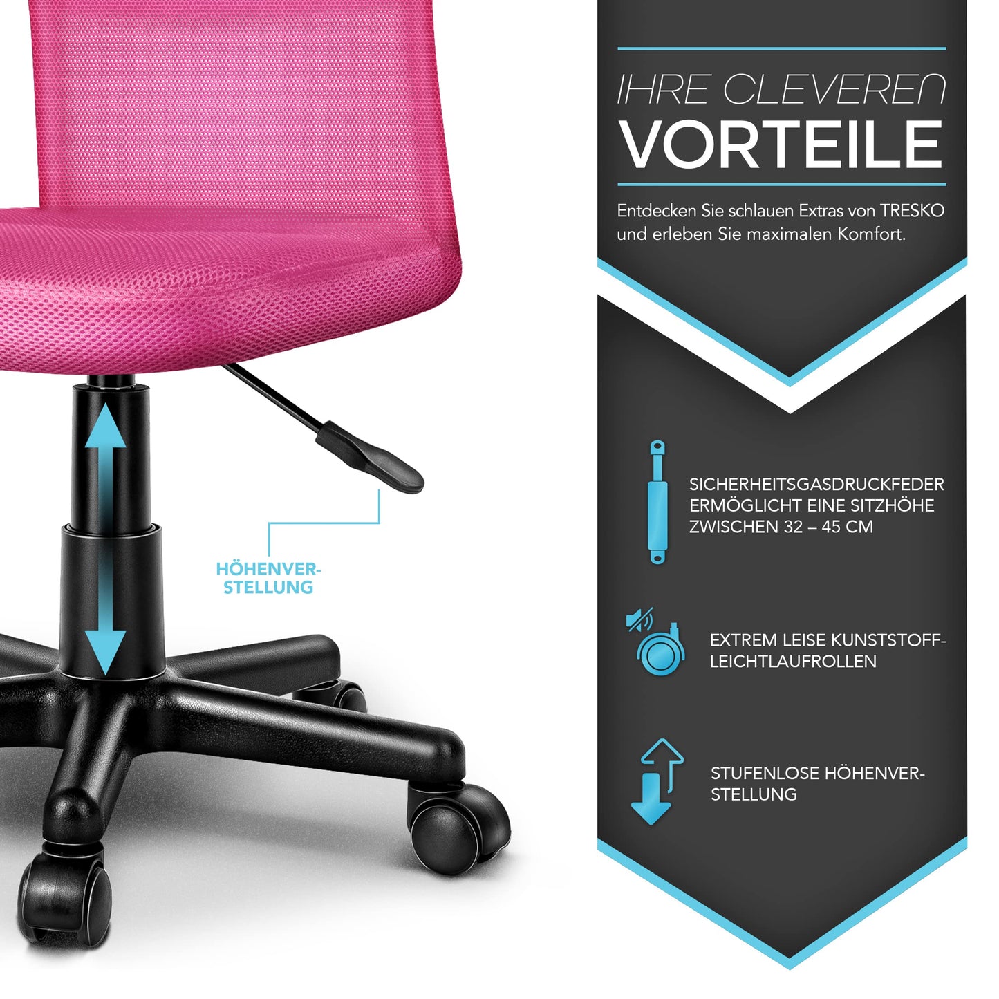 TRESKO office chair desk chair swivel chair, available in 7 color variations, with plastic castors, infinitely height-adjustable, padded seat, lift SGS tested (Pink)