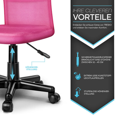 TRESKO office chair desk chair swivel chair, available in 7 color variations, with plastic castors, infinitely height-adjustable, padded seat, lift SGS tested (Pink)