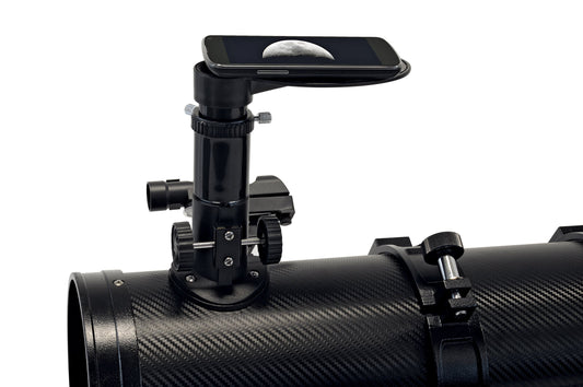 Bresser Spica EQ 130/650 reflector telescope with smartphone camera adapter and high-quality lens solar filter, including mount, tripod, and accessories.
