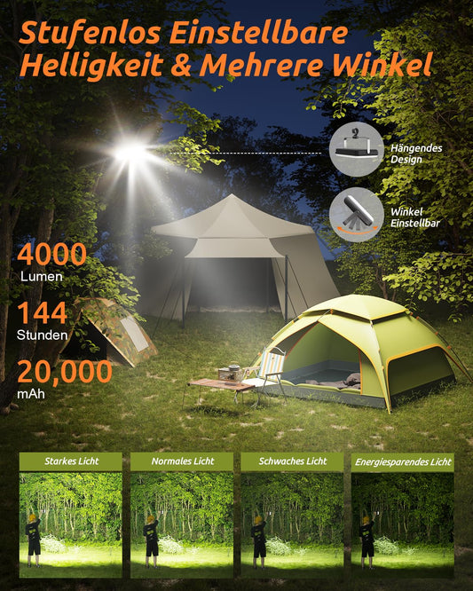 Eventek LED camping lantern 4000LM, 20000mAh power bank USB rechargeable camping light up to 144 hours, IPX5 waterproof camping lamp with 4 light modes for reading, tent, fishing, blackout.