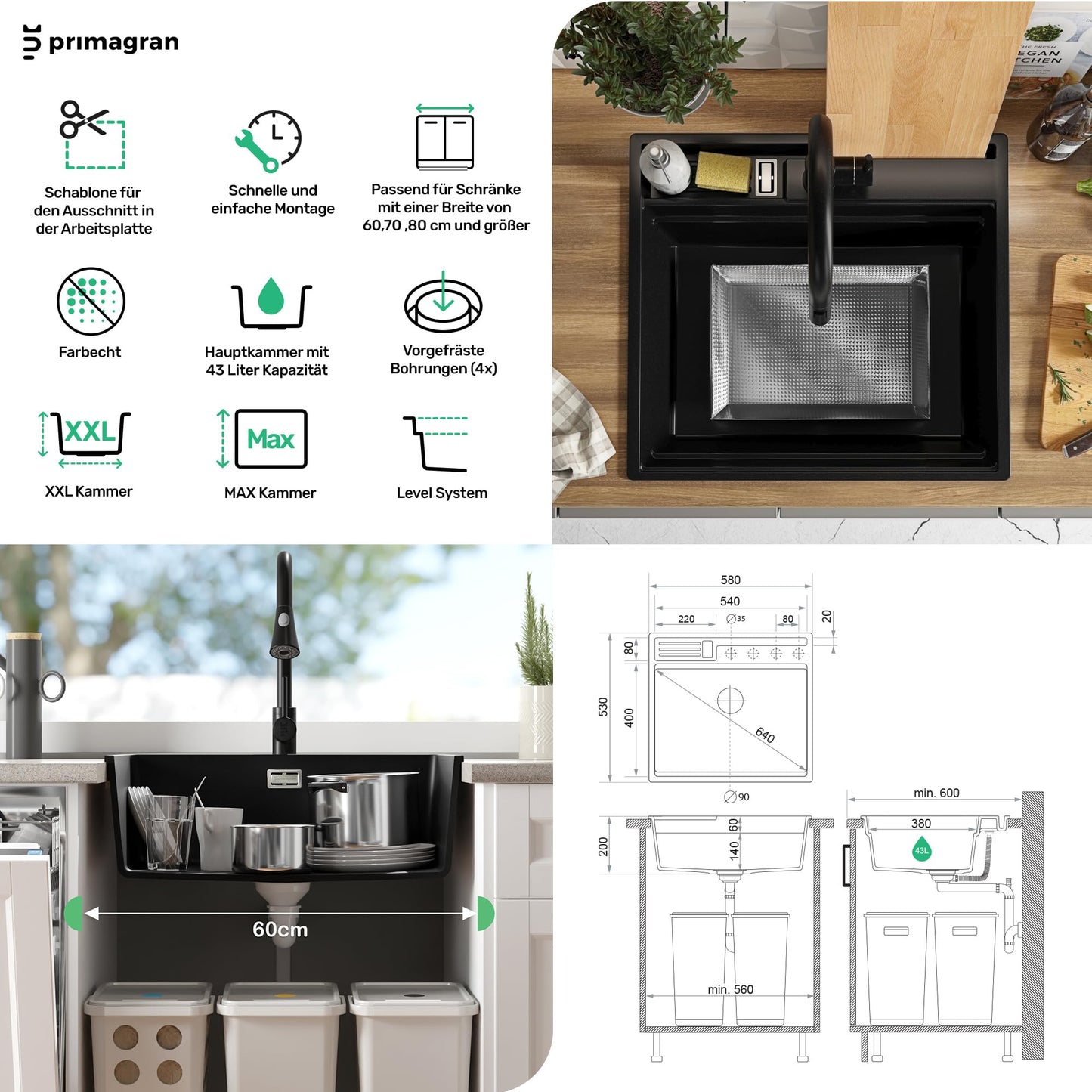 PRIMAGRAN Granite Sink All Black 58x53cm, Granite Sink 1 Bowl + Drain Set + Kitchen Accessory Set, Kitchen Sink for 60cm Base Unit - Oslo Pocket S153
