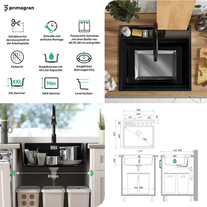 PRIMAGRAN Granite Sink All Black 58x53cm, Granite Sink 1 Bowl + Drain Set + Kitchen Accessory Set, Kitchen Sink for 60cm Base Unit - Oslo Pocket S153