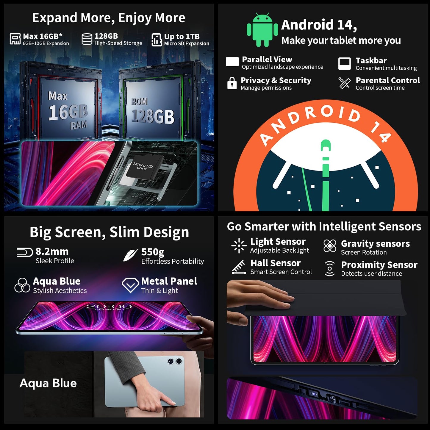 TECLAST T60Plus 90Hz 12'' Tablet with 2K Android OS, MTK G88 Octa-Core 2.0GHz CPU, 16GB RAM+128GB ROM (expandable to 8TB), 13MP camera, Incell 2000x1200 resolution, 8000mAh battery, 4G LTE/5G WLAN/GMS/GPS/Widevine L1/3.5MM [2025]