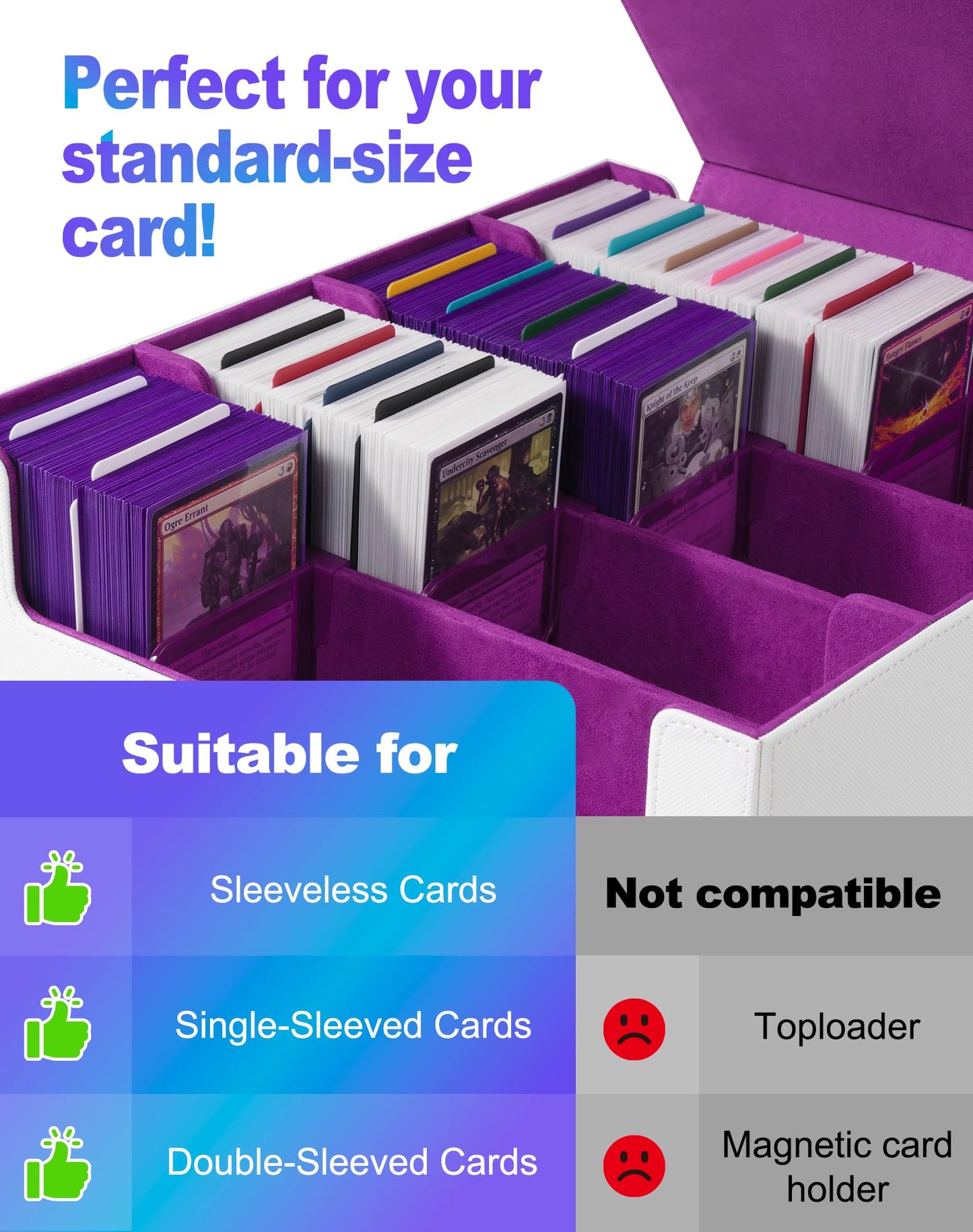 UAONO Card Storage Box for Trading Cards, 2400+ MTG Commander Deck Box with 24pcs colorful dividers, Card Case suitable for Magic TCG PTCG game cards (white & purple)