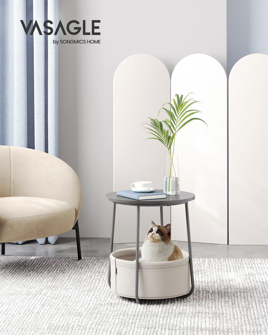 VASAGLE round side table, small table, compact coffee table, fabric basket, storage for living room bedroom, modern nightstand, cement gray-cream white LET223G49