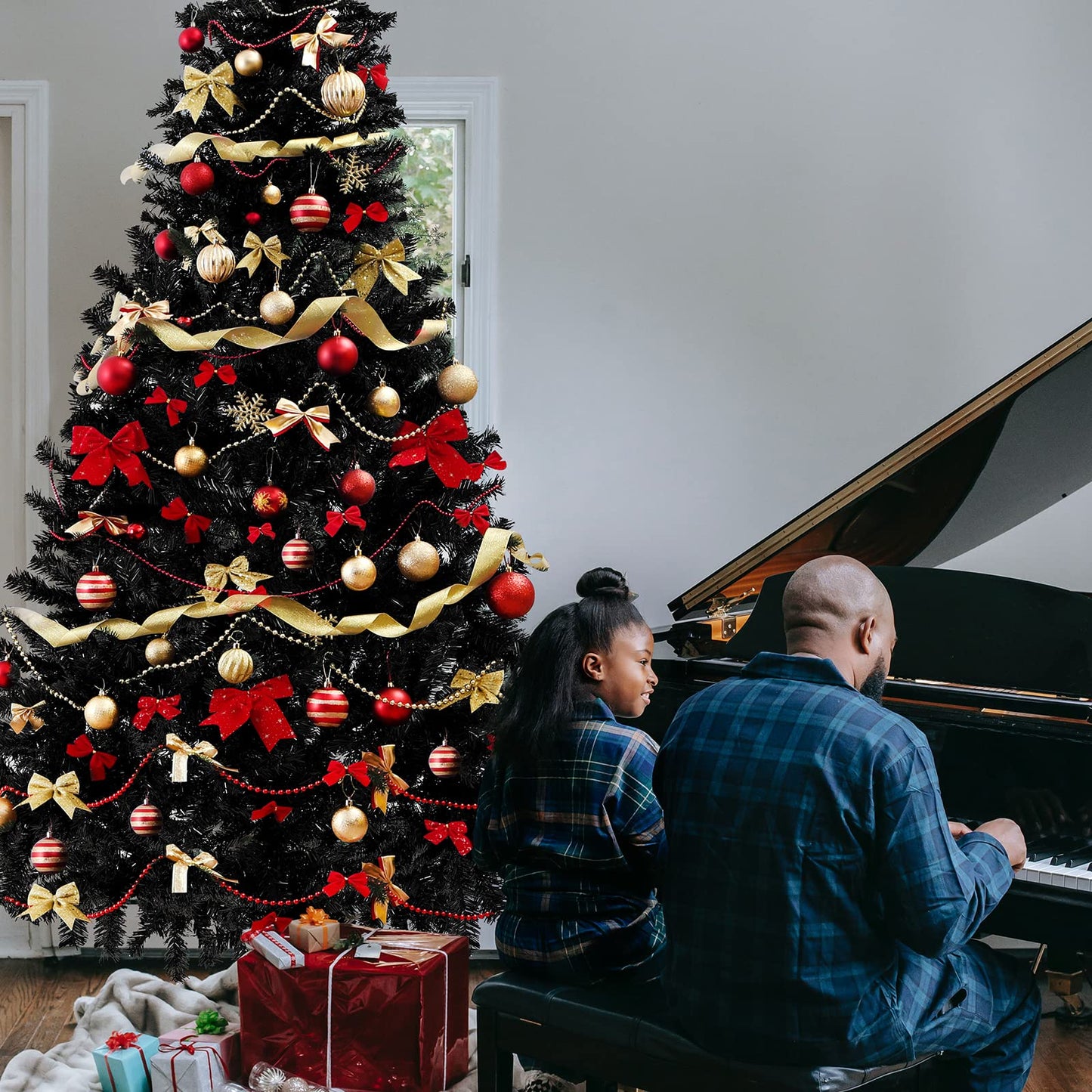SALCAR Artificial Christmas Tree 180 cm Black, Artificial Pine Tree with Gloves and Metal Stand, Christmas Trees as Indoor Christmas Decorations