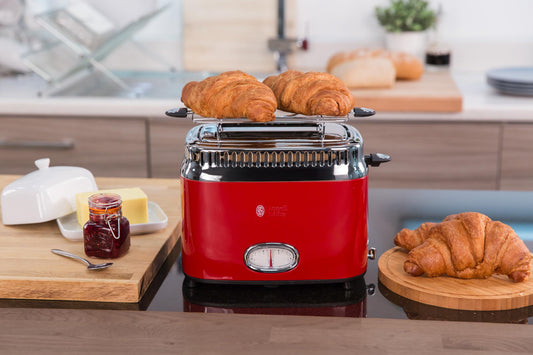 Russell Hobbs toaster [for 2 slices] Retro Stainless Steel Red (countdown display in retro design, including bun rack, 6 browning levels + defrost & reheat function, 1300W) Vintage 21680-56