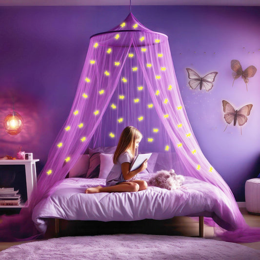 Purple bed canopy with pre-glued glowing unicorns - Violet princess mosquito net for girls' room decoration - Canopy curtains for children and baby beds.