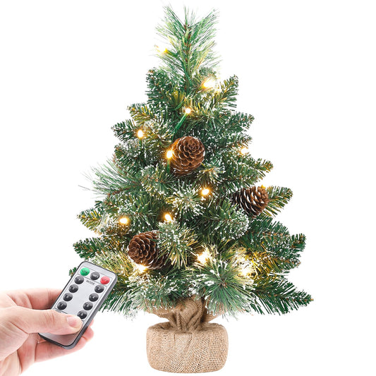Yorbay Mini Christmas tree with LED lighting and white snow, 40cm pine tree with star tree topper and real pine cone, for Christmas decoration, Advent.