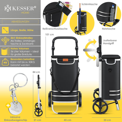 KESSER® Folding shopping trolley with 56L capacity and loadable up to 50kg | 3in1 trolley hand truck & shoulder bag | Foldable shopping cart including cooler compartment & shopping chip | Stair climber black
