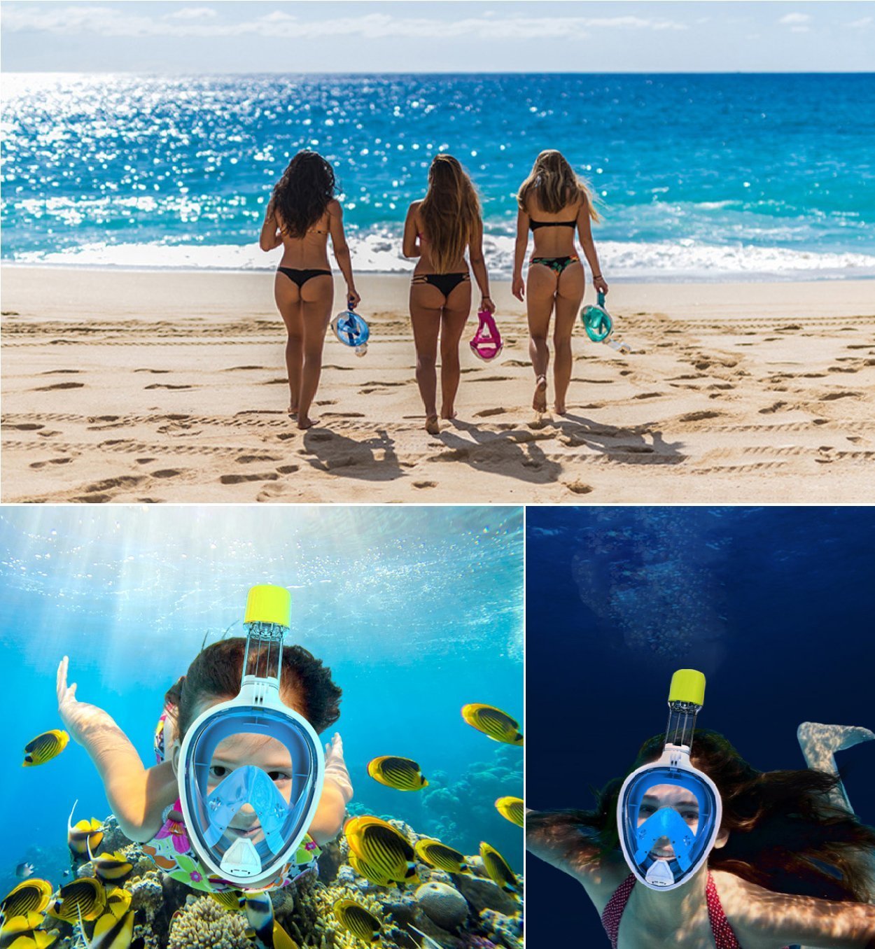 Flyboo Full Face Snorkel Mask, 180° panoramic view, compatible with sport cameras. Suitable for adults and kids.