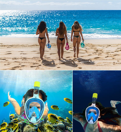 Flyboo Full Face Snorkel Mask, 180° panoramic view, compatible with sport cameras. Suitable for adults and kids.
