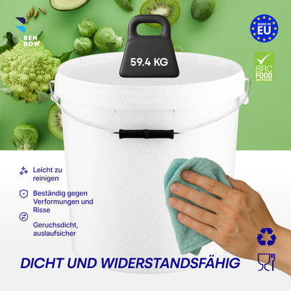 BenBow Bucket with Lid 20L White 5X 20 liters - food-safe, sturdy, airtight, leak-proof - plastic storage container with metal handle - empty