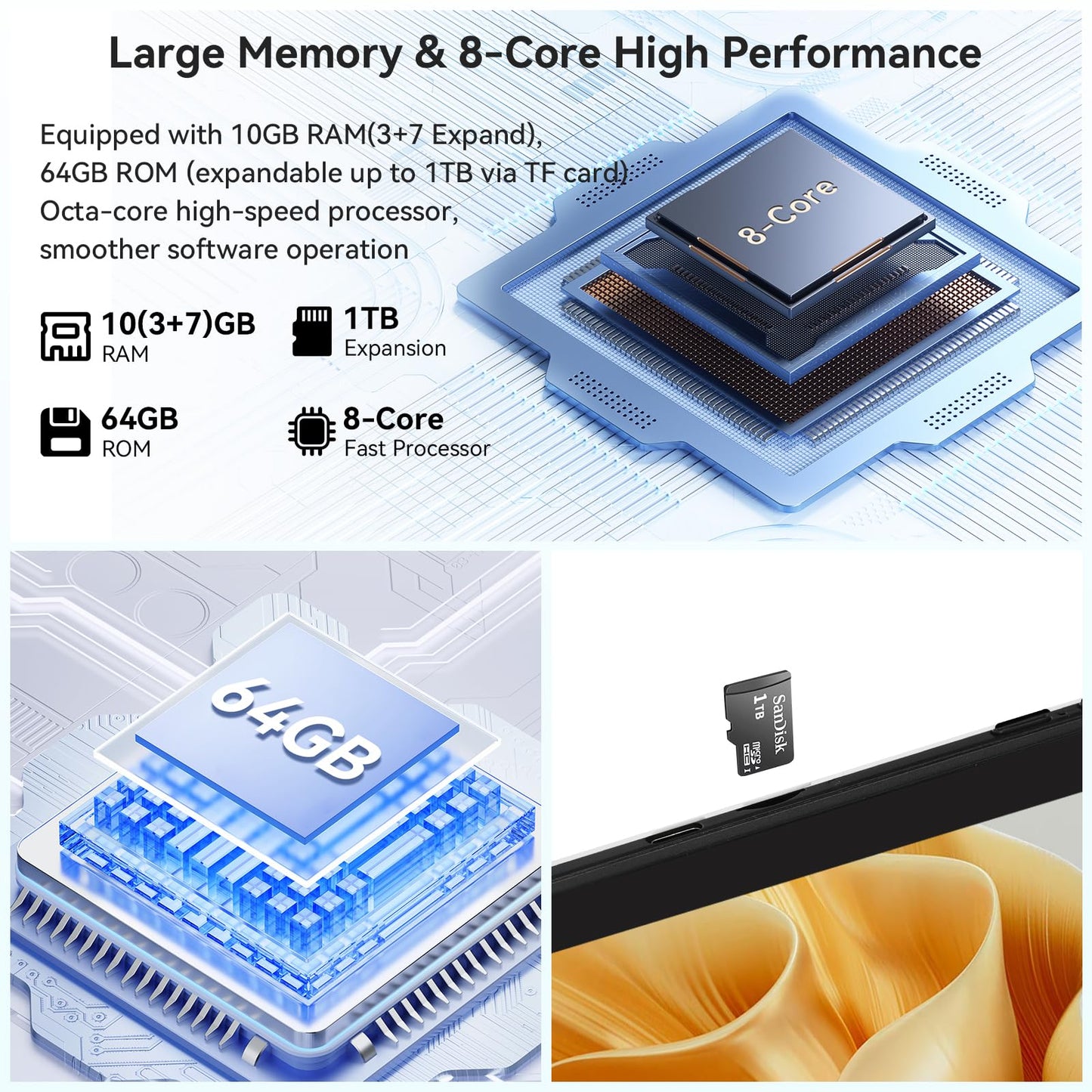 HotLight Tablet 10-inch Octa-Core processor, 10GB+64GB (TF 1TB), Spiritual Aura, WideVine L1, WiFi6, BT 5.3, 5000mAh, Android 14 tablet with USB OTG and Face Recognition, Black