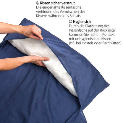 Outdoro Hut sleeping bag, ultra-light travel sleeping bag - only 350 g made of pure cotton with pillow compartment - thin & small - liner, travel sheet