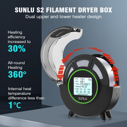 SUNLU Filament Dryer Box S2, 3D printer filament dryer keeps filament dry during printing, 360° all-round heating, compatible with PLA PETG ABS SILK PA PC, spool holder, black