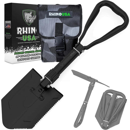 Rhino USA Folding Shovel with Pick for Survival Gear - Carbon Steel Folding Shovel for Outdoor Equipment, Camping gear, as a garden shovel, beach shovel and snow shovel.