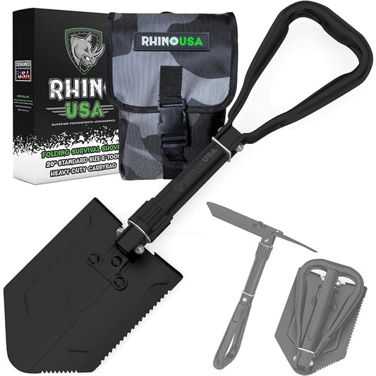 Rhino USA Folding Shovel with Pick for Survival Gear - Carbon Steel Folding Shovel for Outdoor Equipment, Camping gear, as a garden shovel, beach shovel and snow shovel.