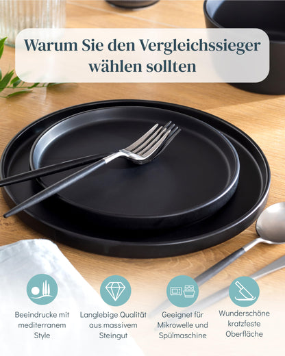 Stoneware dinnerware set for 4 people Manhattan 16 pieces. AWARD WINNER, Cool Urban Stoneware Dinner Set, Bowl and Plate Set, Tableware for 4 people, Pure Living dinner sets in matte black.