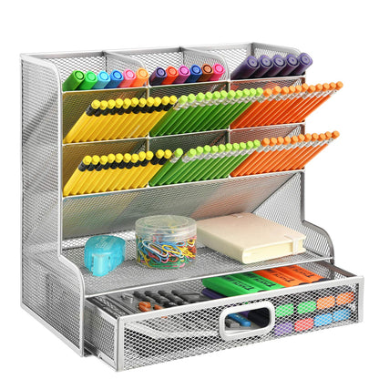 Marbrasse Mesh Desk Organizer, Multifunctional Pencil Holder, Desk Organizer, Storage Shelf for School and Home Office Supplies (Silver with Drawer)