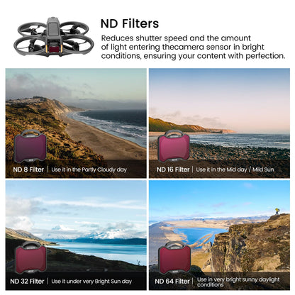 Skyreat Avata 2 ND Filter Set includes 5 filters: UV, ND8, ND16, ND32, ND64. Compatible with DJI Avata 2 Drone. Great accessory for your camera lens.
