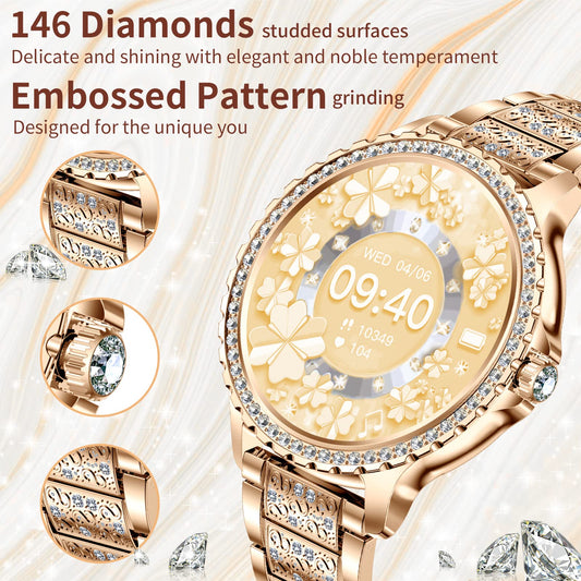 The Fitonyo smartwatch for women with phone function and diamond design features a 1.32" round HD display, call capability, and 120+ sports modes. Compatible with Android and iOS devices.