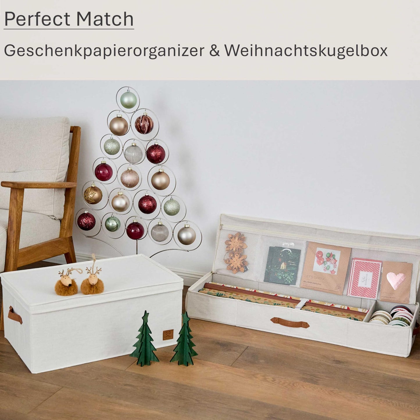 LOVE IT STORE IT Premium Gift Wrap Organizer - High-quality fabric gift wrap storage with compartments for ribbons - Beige - 90x30x12 cm