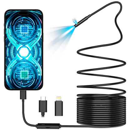 Maylatte Dual Lens Endoscope Camera with Light, 7.9mm 1920P HD Inspection Camera with 8+1 Lights, IP67 Waterproof 16.5FT Semi-Rigid Cord for Pipe Inspection, Industrial Endoscope for iPhone