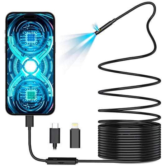 Maylatte Dual Lens Endoscope Camera with Light, 7.9mm 1920P HD Inspection Camera with 8+1 Lights, IP67 Waterproof 16.5FT Semi-Rigid Cord for Pipe Inspection, Industrial Endoscope for iPhone