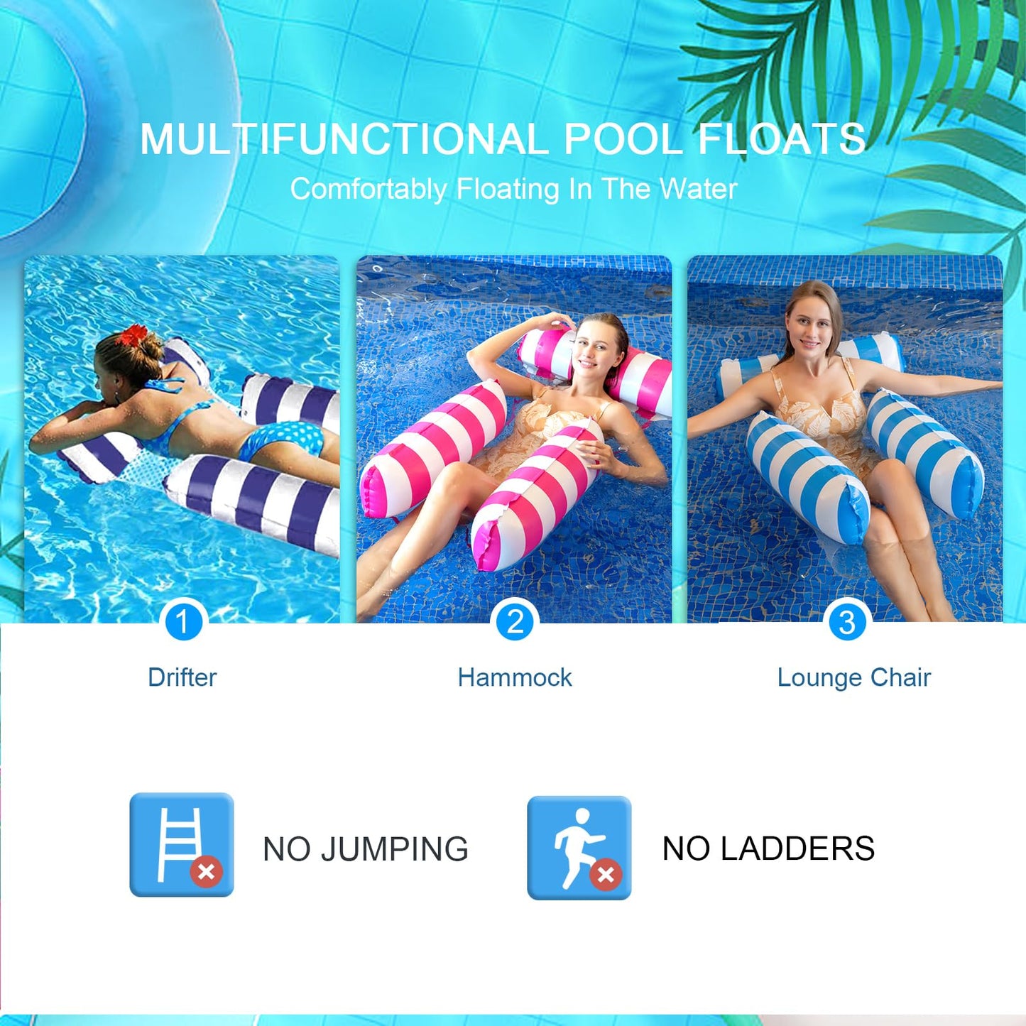 Inflatable pool water hammock for adults. Relax and have fun on this pool accessory with a net. Great for the pool, sea, beach, or lake. Fits 3 persons. Enjoy the water!