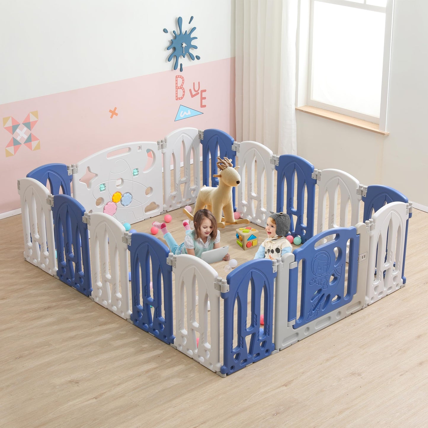 On9 Playpen Baby Playpen Foldable Baby Safety Gate with Door and Toy Board, 14+2 Panel Blue+White Baby Safety Gate, Plastic Playpen(14 Pieces)