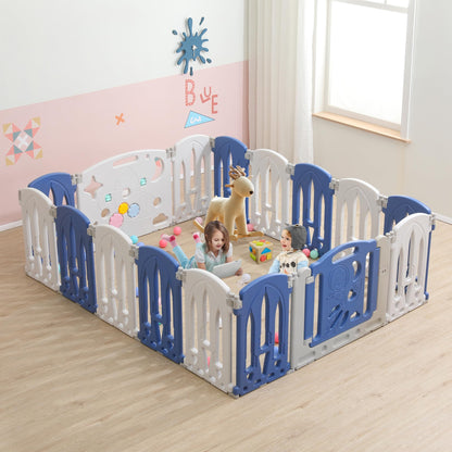 On9 Playpen Baby Playpen Foldable Baby Safety Gate with Door and Toy Board, 14+2 Panel Blue+White Baby Safety Gate, Plastic Playpen(14 Pieces)