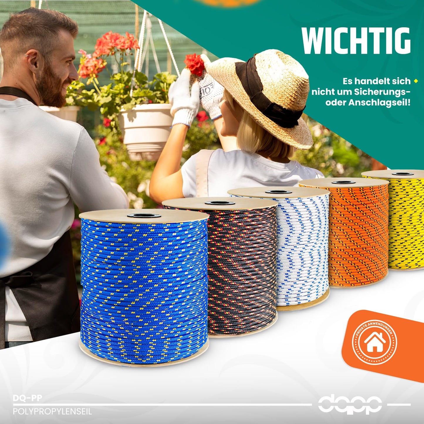 100m yellow 8mm polypropylene rope with a load capacity of up to 750kg. Braided textile cord made of plastic for various uses.